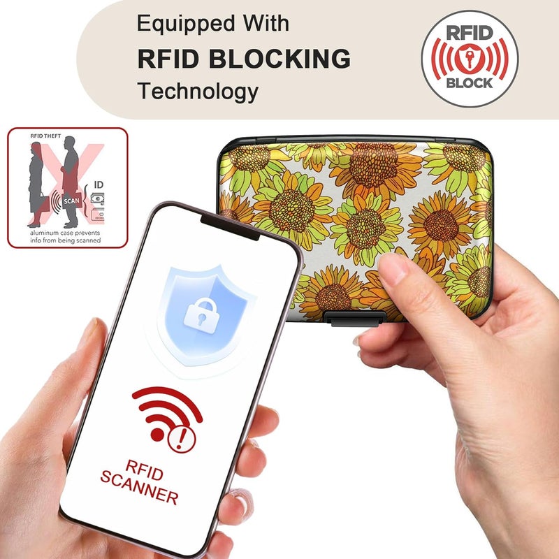 ELFISH Mini RFID Aluminum Wallet Credit Cards Holder Business Card Case Metal ID Case for Men Women(Sunflowers) - Image 2